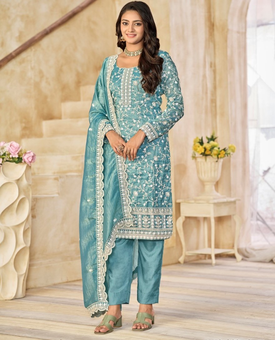 227-blue - Crush Straight Suit with Embroidered Work in Aqua Blue for Ceremonial